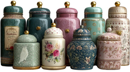 Elegant Jar Collection: A collection of artistically crafted jars, showcasing intricate designs and patterns, radiating sophistication and charm, and a touch of historical elegance.