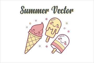 Cute Summer Ice Cream Vector Collection. Kawaii Summer Dessert Clipart for Kids.