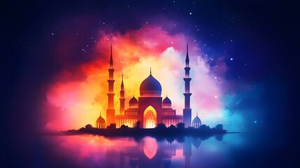 Obraz premium Mosque at night, vibrant colors, starlit sky