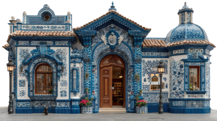 Architectural Elegance in Blue and White: A detailed, photorealistic rendering of a captivating building facade, showcasing intricate blue and white tile work, symmetrical design.