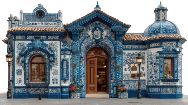 Architectural Elegance in Blue and White: A detailed, photorealistic rendering of a captivating building facade, showcasing intricate blue and white tile work, symmetrical design.