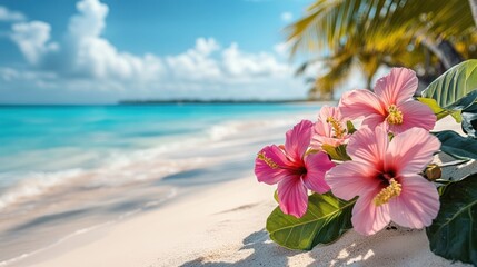 tropical beach paradise with vibrant hibiscus blooms a tranquil ocean backdrop and swaying palm trees evoking feelings of relaxation and escape to a serene destination