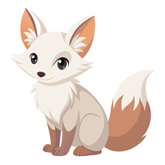 A small, pale fox with pointed ears and a fluffy tail sits against a white background, looking slightly to the side.