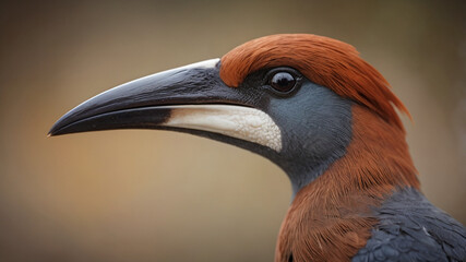 Obraz premium Close-up Side Profile of Rufous Hornbill with Distinctive Beak and Feathered Head