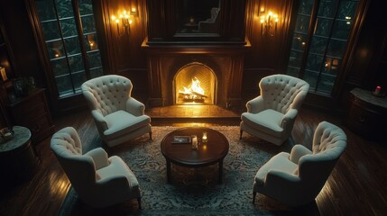 Cozy antique room with fireplace and chairs