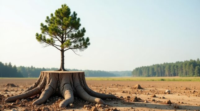 A young pine tree bravely sprouts from the weathered remains of its predecessor, a testament to resilience and the enduring cycle of life in a dry, open landscape