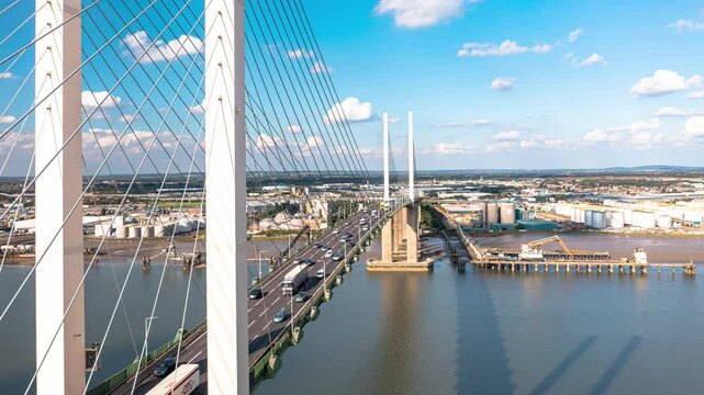Famous cross bridge on Thames river in the capital city , Hyperlapse , Traffic moving on bridge , forward reveal shot ,London UK