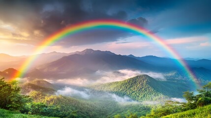 Rainbow arches over misty mountain range at sunset