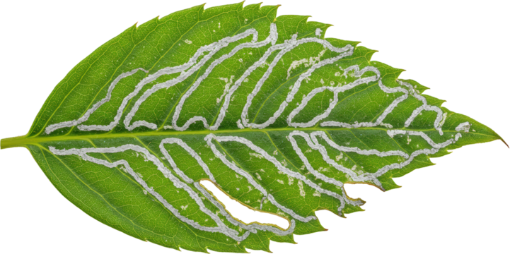 Close up of Leaf with Extensive Leaf Miner Trails Green Foliage Insect Damage Nature Detail
