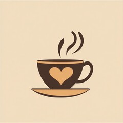 Fototapeta premium Minimalist flat style illustration of a cup of coffee with heart-shaped steam rising from it in warm brown and cream tones, perfect for cafe branding, logo design or cozy beverage packaging.