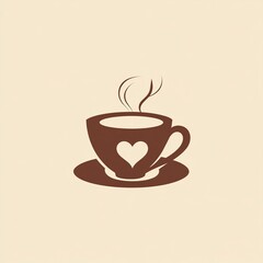 Fototapeta premium Minimalist flat style illustration of a cup of coffee with heart-shaped steam rising from it in warm brown and cream tones, perfect for cafe branding, logo design or cozy beverage packaging.