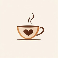 Obraz premium Minimalist flat style illustration of a cup of coffee with heart-shaped steam rising from it in warm brown and cream tones, perfect for cafe branding, logo design or cozy beverage packaging.