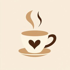 Obraz premium Minimalist flat style illustration of a cup of coffee with heart-shaped steam rising from it in warm brown and cream tones, perfect for cafe branding, logo design or cozy beverage packaging.