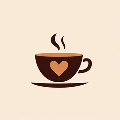 Obraz premium Minimalist flat style illustration of a cup of coffee with heart-shaped steam rising from it in warm brown and cream tones, perfect for cafe branding, logo design or cozy beverage packaging.