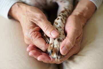 Elderly Hands Holding a Dog s Paw with Affection