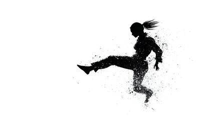 Black silhouette of a female martial artist mid-kick