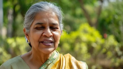 An elderly Indian woman smiling, with a blurred garden background - Powered by Adobe