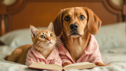 Cute Dog and Cat in Pajamas Reading Together on Bed with Soft Pillows and Warm Lighting