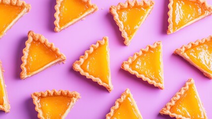 Triangular pastries with mango filling on a purple background