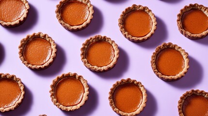Mini Pumpkin Pies Arranged on Purple Background for Thanksgiving Recipe