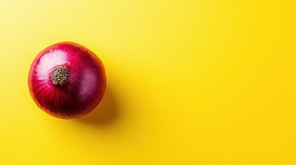 Red onion on yellow background, overhead view, copy space, food photography