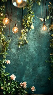 Dark teal textured backdrop with hanging lights, vines, and pink roses.  Wooden surface in foreground