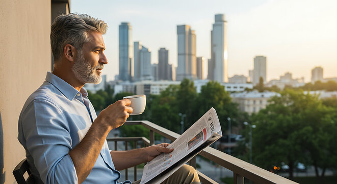 Relaxed Man Reading Newspaper on Balcony at Sunset