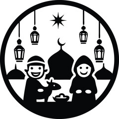Obraz premium Eid al-Adha Vector Icon Set – Muslim Family, Mosque, Lanterns, and Qurban Animal