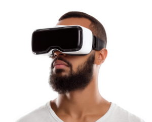 Man wearing virtual reality glasses, showcasing immersive experience. individual has beard and is focused, highlighting excitement of technology