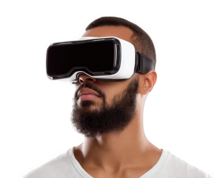 Man wearing virtual reality glasses, showcasing immersive experience. individual has beard and is focused, highlighting excitement of technology