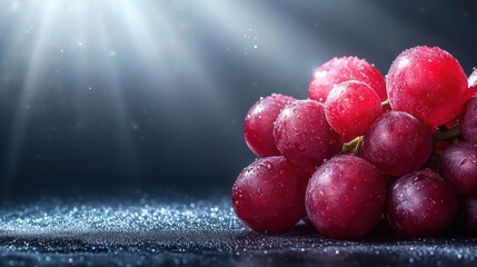 Juicy red grapes glistening with water droplets.