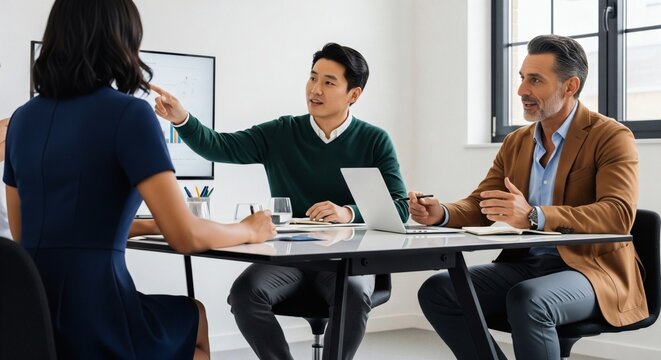  Discussion, group and mature woman with laptop, team and planning for financial growth in business. Corporate, accountant and monitoring performance with charts, people and info for productivity 