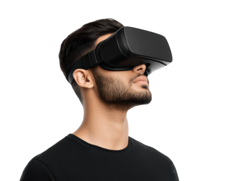 Immersive virtual reality experience with young man wearing VR glasses, showcasing advanced technology and modern lifestyle. individual appears focused and engaged, highlighting excitement