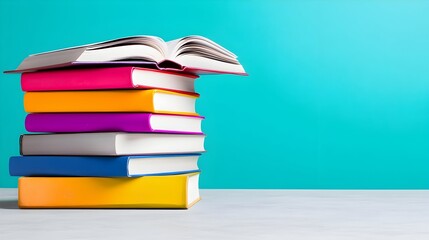 Fototapeta premium Stack of colorful books, open book on top, turquoise background