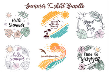 Trendy Summer T-shirt Quote Bundle.Floral & Wave Summer Shirt Vector Set.