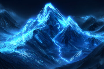 Futuristic digital peaks with electric blue highlights and flowing circuit lines at night
