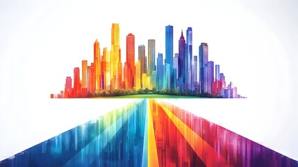 Obraz premium Colorful city skyline with vibrant rainbow road
