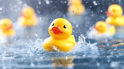 Yellow rubber ducks in splashing water