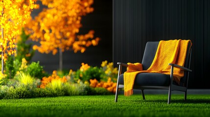 Fototapeta premium Outdoor armchair with orange blanket in garden setting
