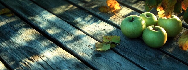 Green apples on weathered wood with autumn leaves.
