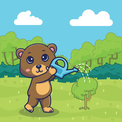 Delightful illustration of cute bear watering a tree, symbolizing care, loyalty, and love for nature. Perfect for environmental campaigns, gardening projects, pet themed design.