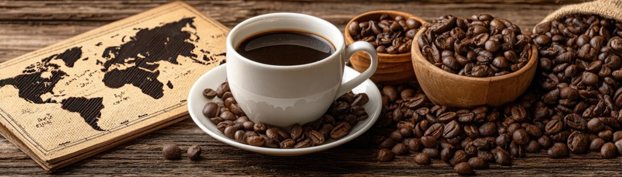 A cup of coffee surrounded by roasted coffee beans, a bowl, and a world map on a rustic wooden table.