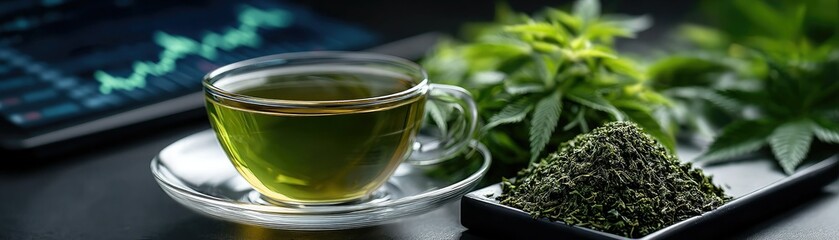 A clear glass cup of green herbal tea sits beside dried leaves and fresh cannabis, with a digital chart in the background.