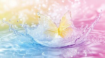 Butterfly splashing pastel water, bokeh background, serene, design