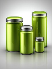 Four green metallic storage jars with silver lids, arranged on a reflective surface against a neutral background.