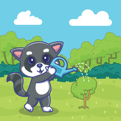Delightful illustration of racoon watering a tree, symbolizing care, loyalty, and love for nature. Perfect for environmental campaigns, gardening projects, pet themed design.