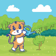 Delightful illustration of cute tiger watering a tree, symbolizing care, loyalty, and love for nature. Perfect for environmental campaigns, gardening projects, pet themed design.
