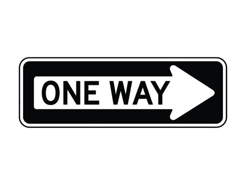 one way road sign with arrow indicating direction on white background