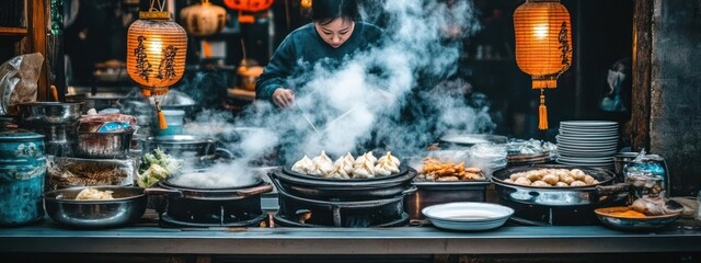 Steaming dumplings, street food vendor, traditional Chinese cuisine.