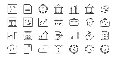 Business & Finance Icon Set – Minimalist Line Icons for Money, Graphs, Banking & Communication